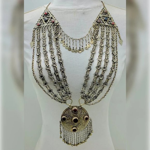Tribal Ethnic Silver Kuchi Multilayer Necklace With Big Pendant, Handmade Pure - Picture 6 of 13